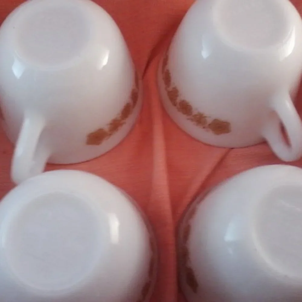 Four Vintage Pyrex gold butterfly teacups white milk glass
